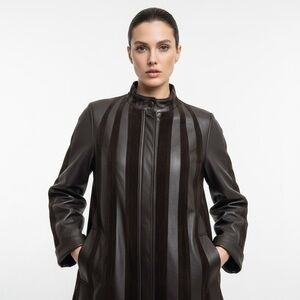 Vintage DM Leatherwear Brown Striped Coat Suede Panel Size Small Medium